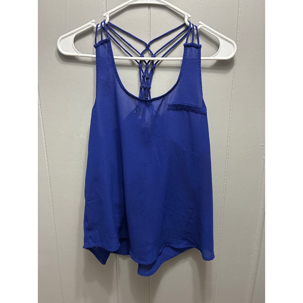 Royal Blue Macrame Caged Racerback Tank Top Small Cobalt Chiffon Blouse